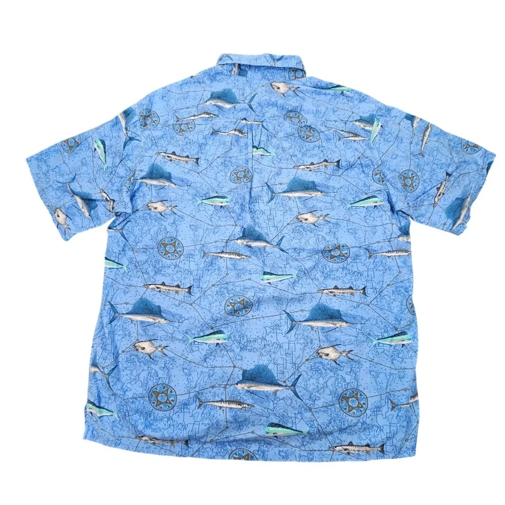 Vintage 2005 Columbia Nautical Map Fish‎ Print Shirt Men's XXL Blue Viscose Y2K